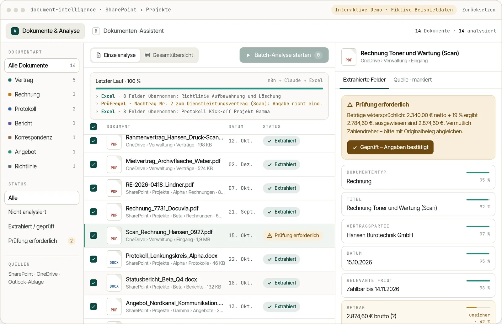 Vorschau der interaktiven Document-Intelligence-Demo mit extrahierten Feldern
