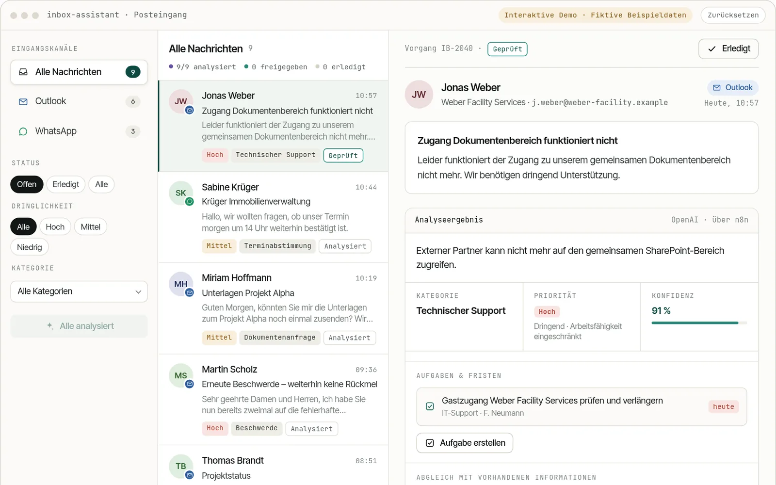 Vorschau der interaktiven Inbox-Demo mit Nachrichtenliste und Analyse
